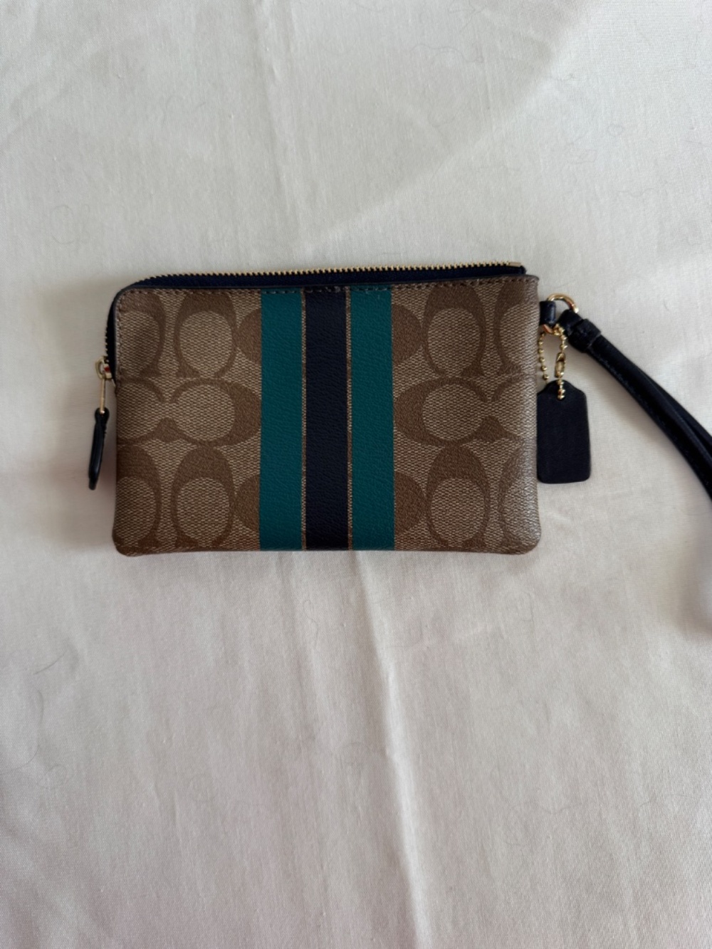 Coach Wristlet Tan/Brown monogram with teal and blue stripes and navy blue strap - Picture 2 of 7